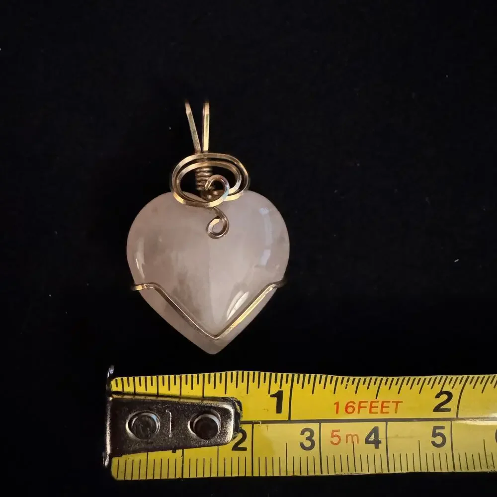 Vintage Pink Stone Heart Pendant Wrapped with Gold Wire